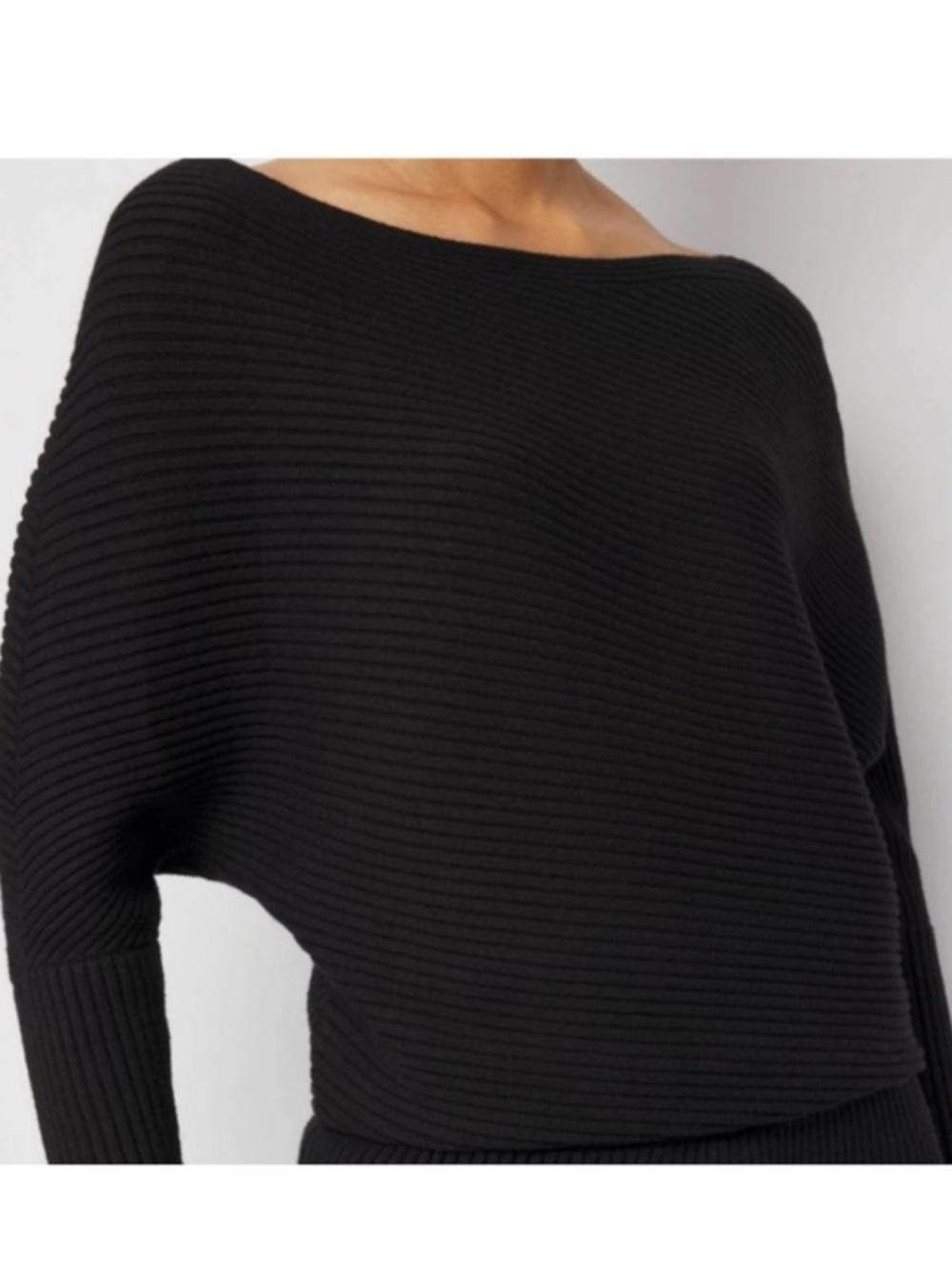 WHBM Lux Cashmere Blend Asymmetrical Ribbed Sweater Black Medium
